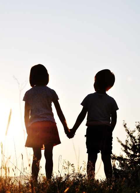 silhouette of kids holing hand at dusk 