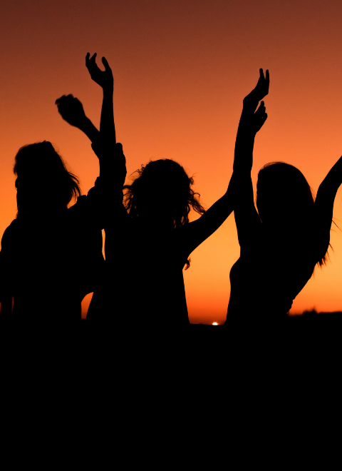 silhouettes of friends playing in sunset